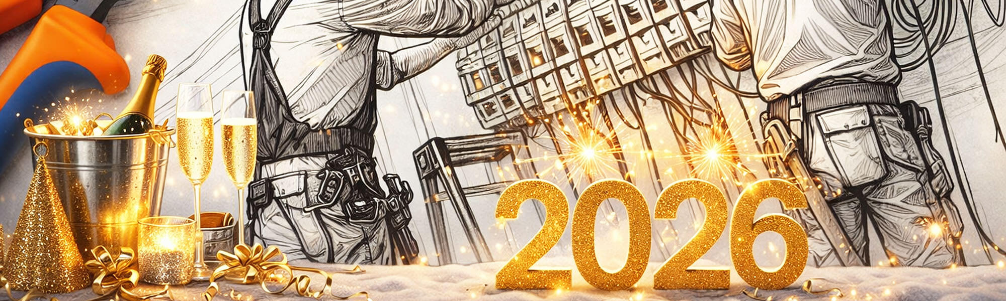 Eine Zeichnung zeigt zwei Elektriker in Arbeitskleidung, die an einem Schaltschrank mit zahlreichen Kabeln und Sicherungseinheiten arbeiten, links ein Weihnachtsbaum und Deko.